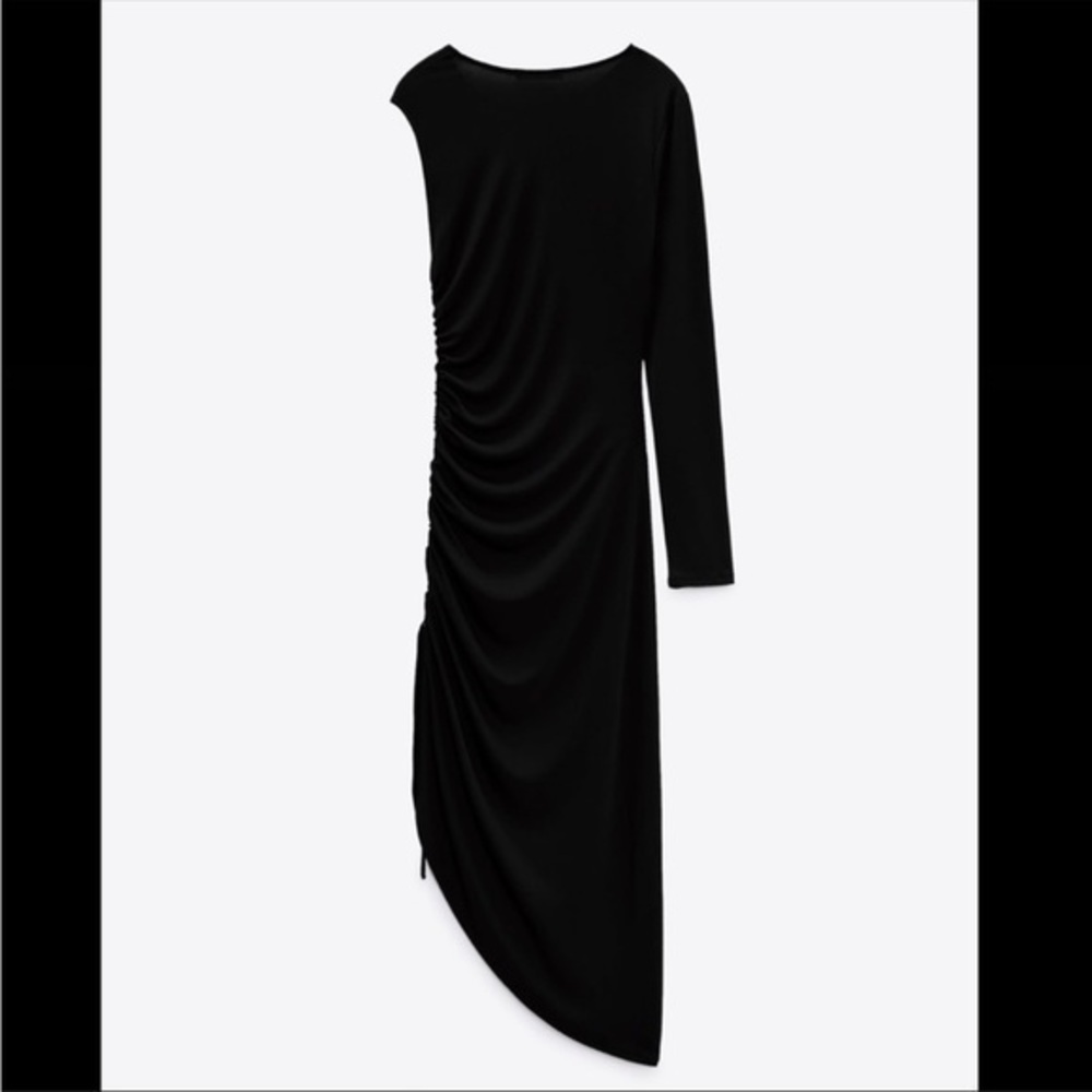 Zara NWT black ruched asymmetrical midi dress - Picture 6 of 8